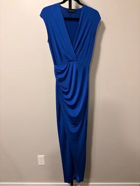 Emprada Royal Blue Maxi Dress Ruched High Slit V Neck Wedding Guest S